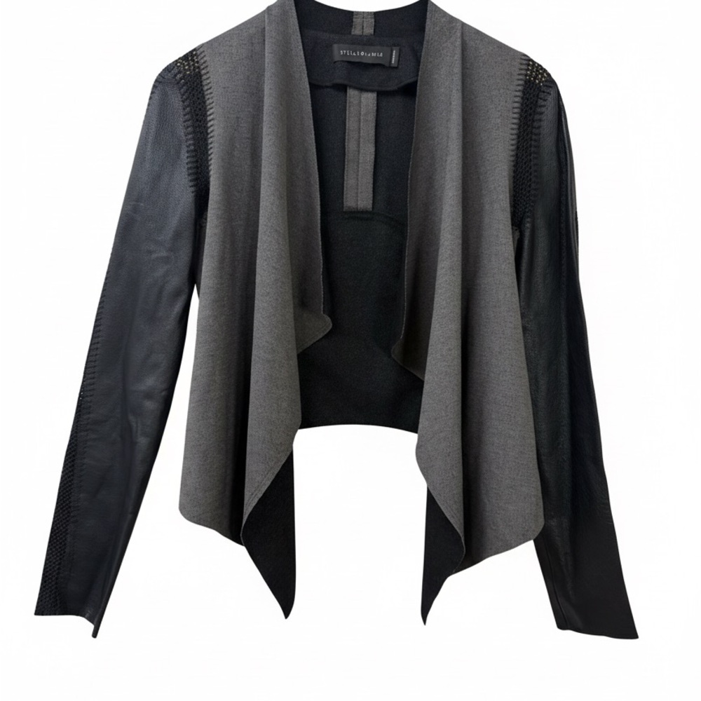 Stella & Jamie Rio leather waterfall draped open front crochet jacket sz M